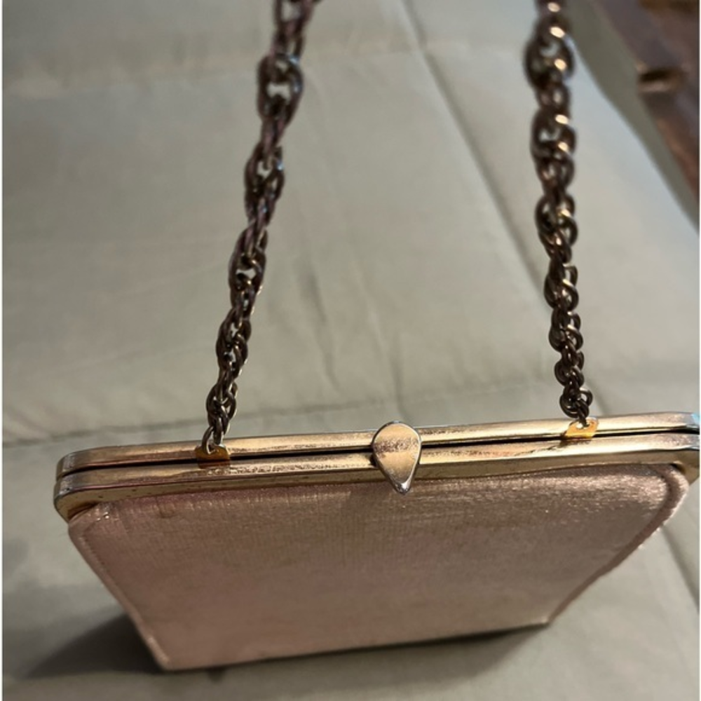 1950s vintage gold chain clutch purse gold color , brown satin inside